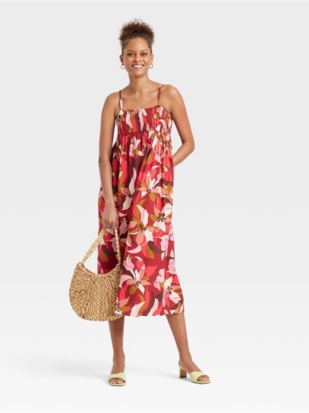 A New Day Sleeveless Smocked Bodice Midi Sundress – Tropical Floral, XL
